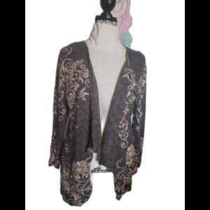 Take Two Waterfall Cardigan Gray Baroque Floral Print Open Front